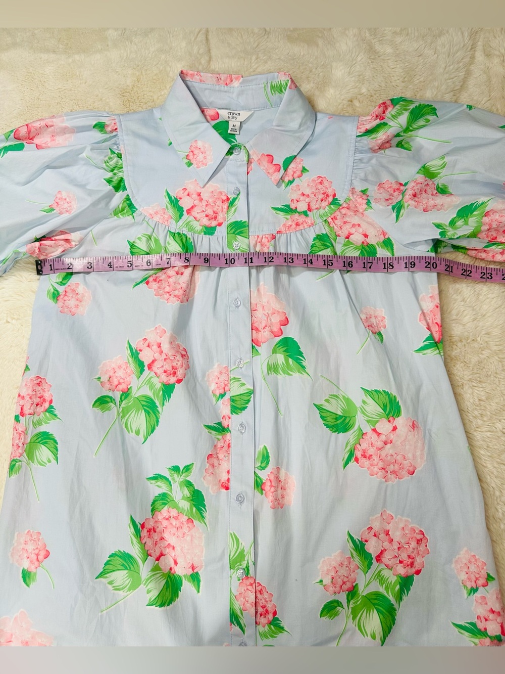 Crown & Ivy Hydrangea Shirt Dress Mini Medium New Cottagecore Cotton Puff Selves - Picture 3 of 6